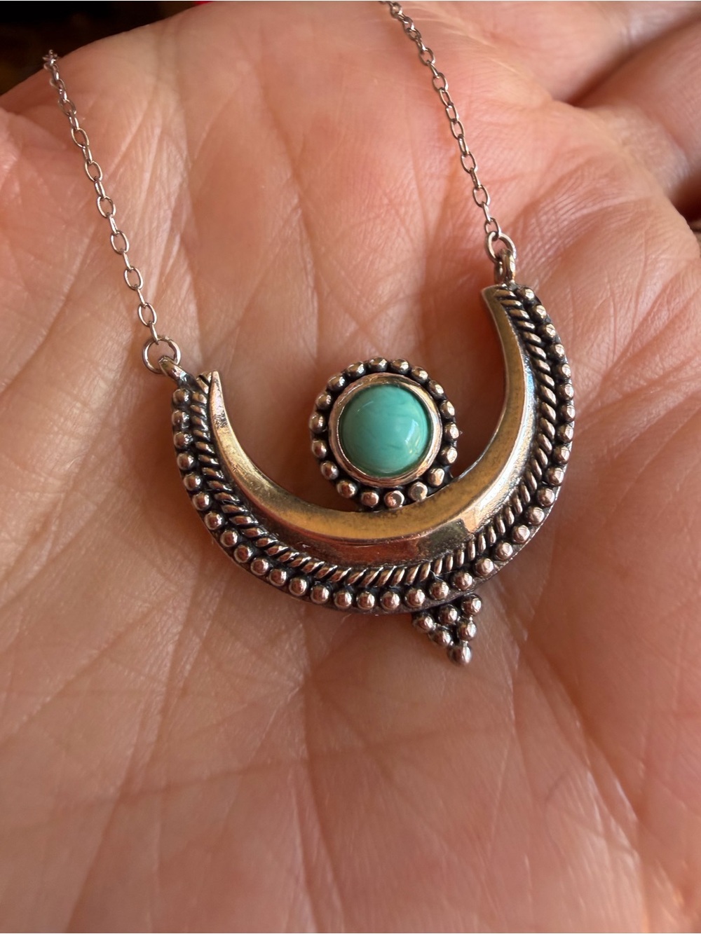 Vintage Sterling Silver 925 Crescent Necklace with Genuine Turquoise.